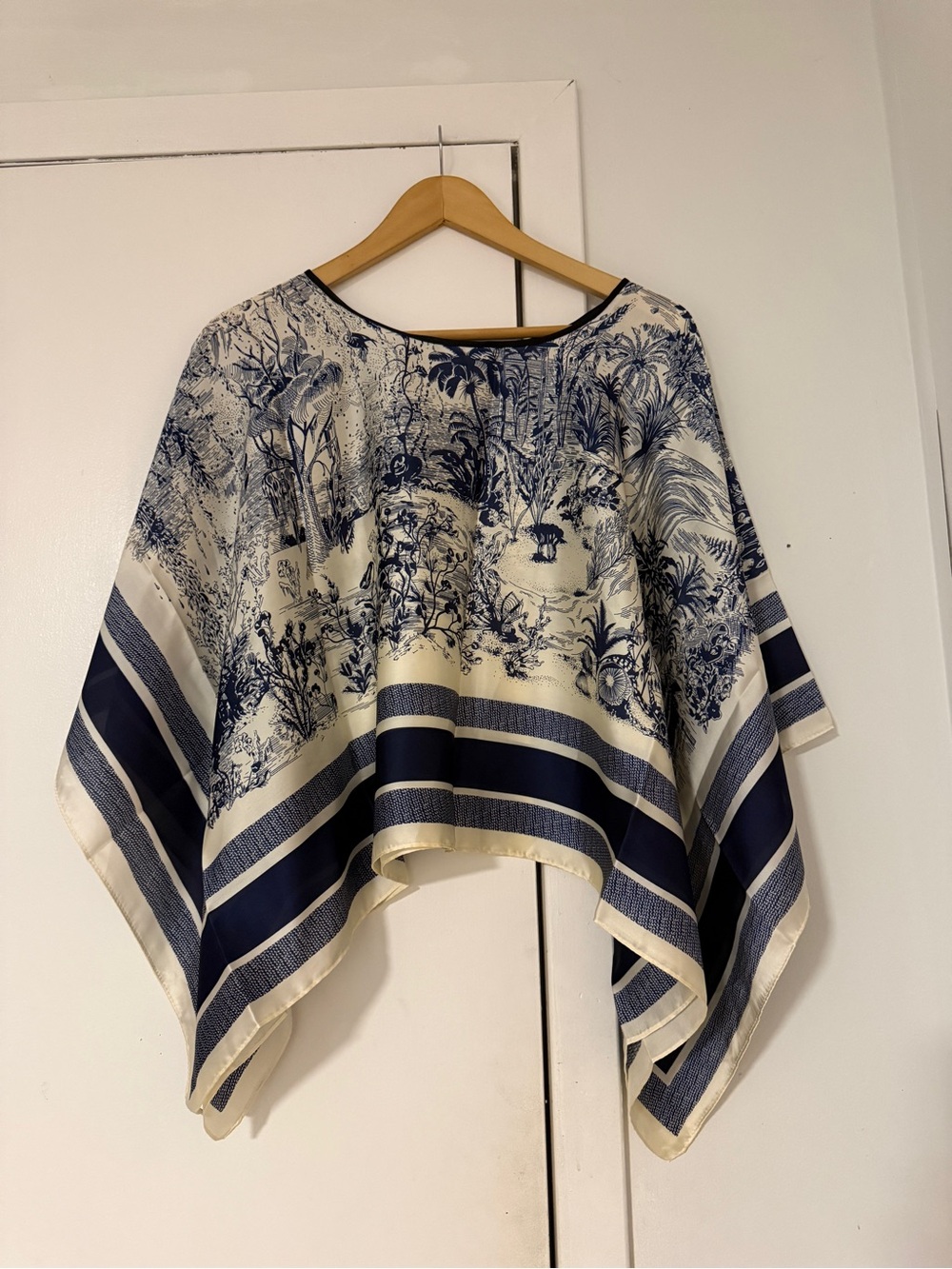 Elegant Navy and Cream Printed Poncho Top